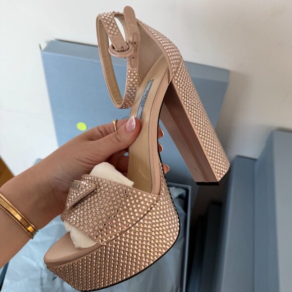 Prada Pink Embellished Platform Heels Logo Satin Crystal Sandals Open Toe - Picture 7 of 10